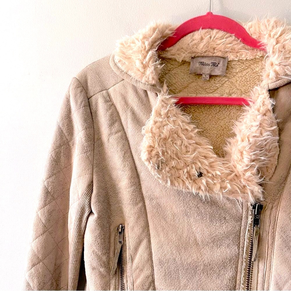Vintage Miss Me Tan Suede Aviator Jacket Faux Shearling Collar Moto Style Small - Picture 6 of 9